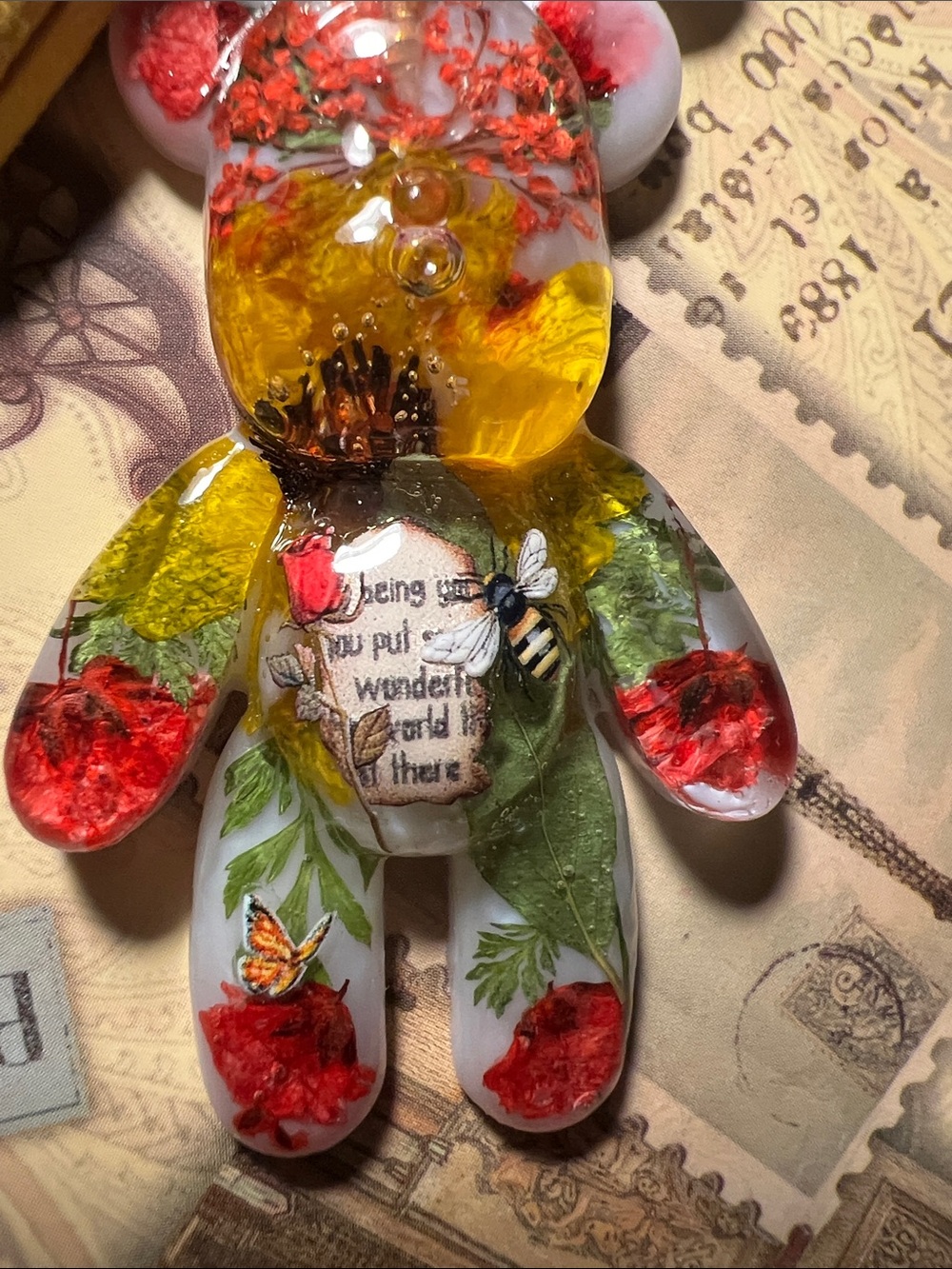 Handmade Yellow Floral Bear Keychain, backpack or purse charm
